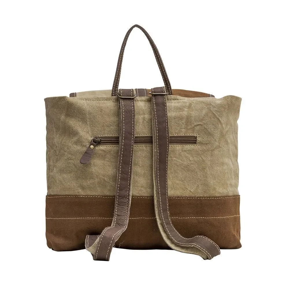 Myra Bag Handmade Tahini Backpack Upcycled Canvas & Cowhide Leather